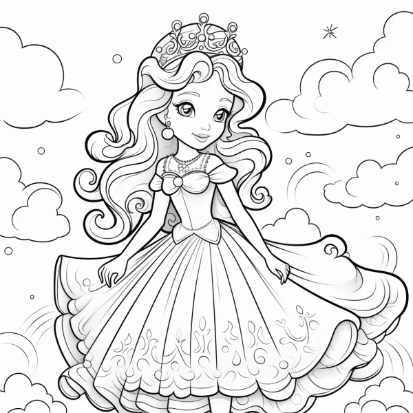 Curly-haired princess with crown, cartoon fairy tale style — free printable princess coloring book page