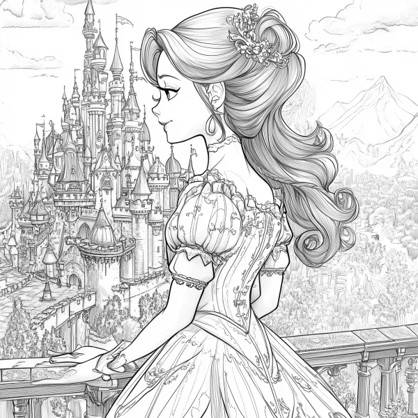Elegant princess standing on balcony, fairy tale style — free printable princess coloring book page