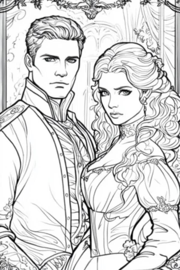 Vintage royal noble couple, victorian style — free printable court coloring book page