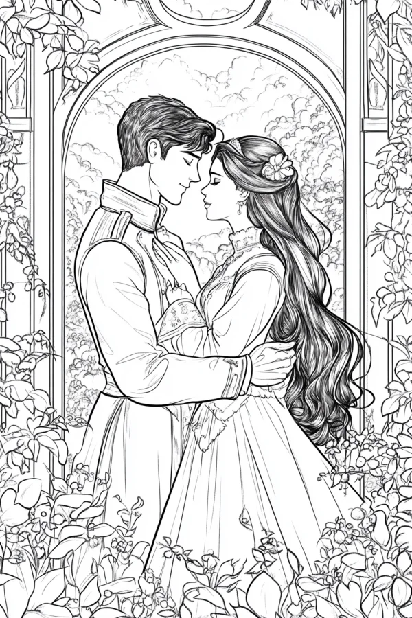 Romantic prince and princess in court attire, fairy tale style — free printable court coloring book page