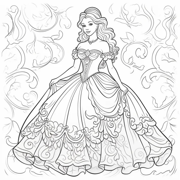 Elegant palace princess in rococo-style off-shoulder ball gown, cartoon line art — free printable princess coloring book page