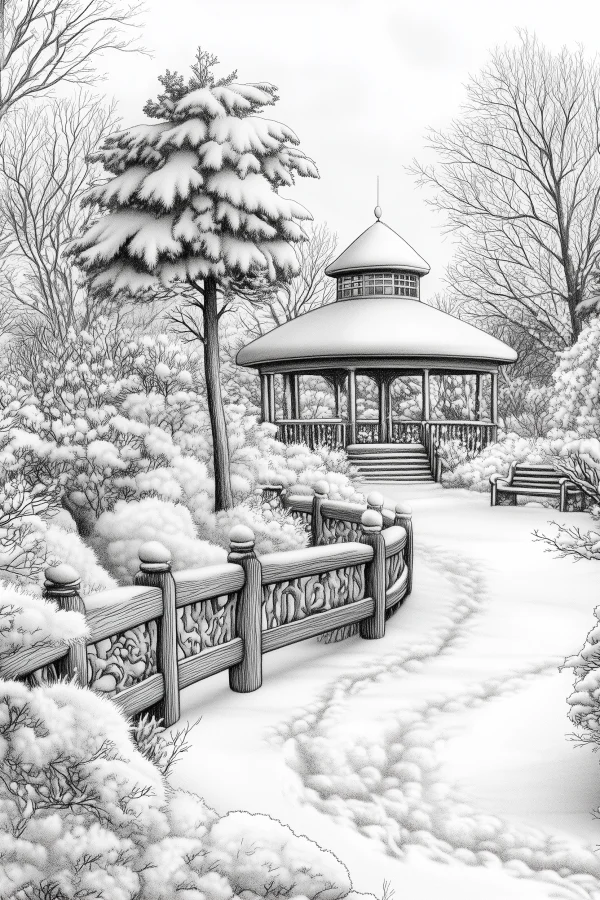 Snow-covered garden gazebo landscape, realistic sketch style — free printable gardens coloring book page