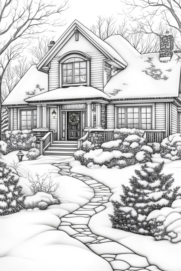 Snow-covered winter house with christmas wreath, realistic line art style — free printable residential coloring book page