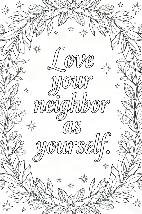 Inspirational text 'love your neighbor as yourself' surrounded by leaf and vine wreath, hand-drawn style — free printable warmth coloring book page