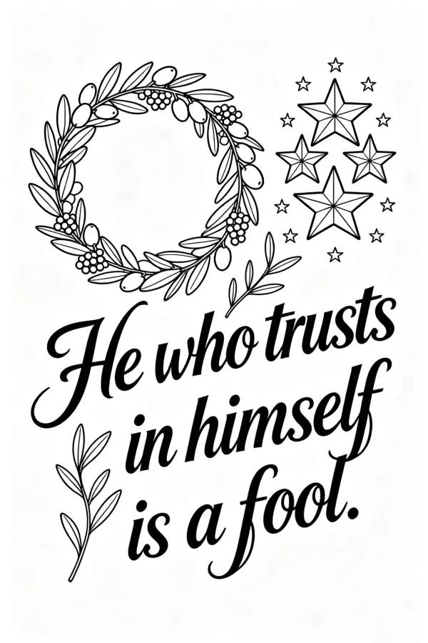 Warning quote "he who trusts in himself is a fool." with laurel wreath, berry branches and star patterns — free printable warnings coloring book page