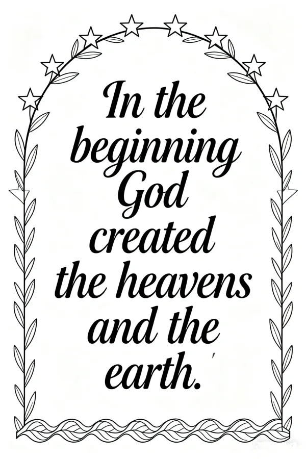 Religious quote 'in the beginning god created the heavens and the earth.' with decorative border of leaves and stars, decorative art style — free printable text decoration coloring book page