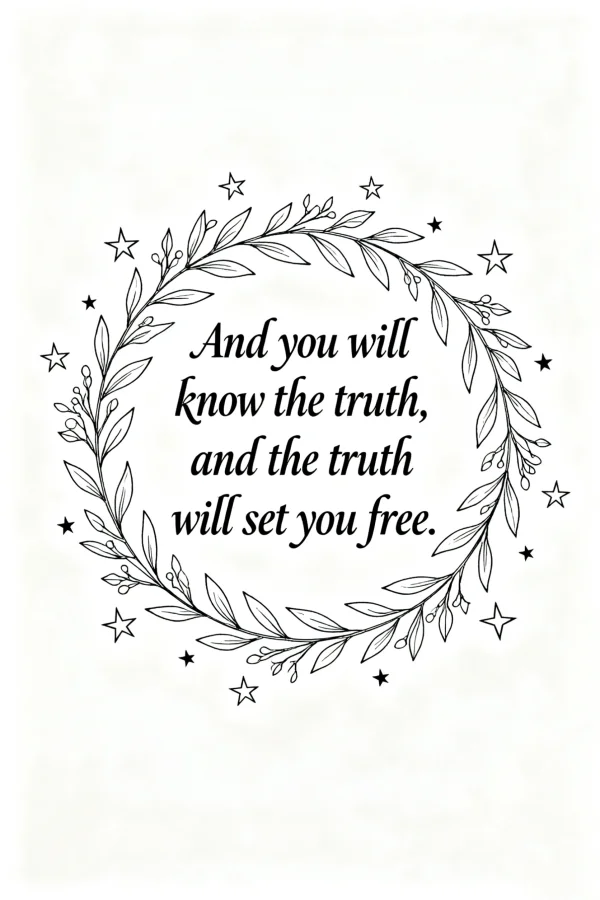 Inspirational quote wreath with leaves and stars, hand-drawn style — free printable life insights coloring book page