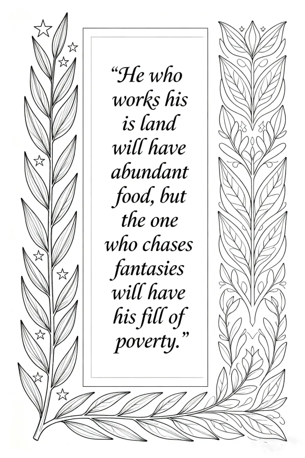 Coloring book page, inspirational quote framed by leafy vines and stars — free printable natural plants coloring book page