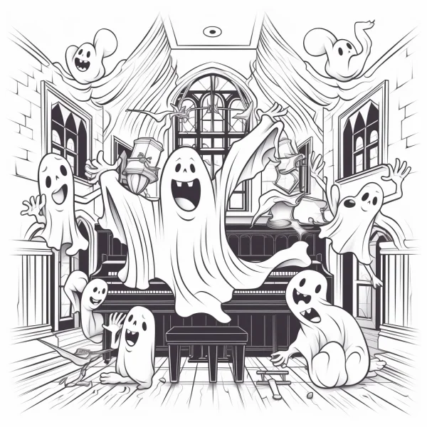 Cheerful cartoon ghosts in a haunted vintage room with a grand piano, cartoon illustration style — free printable entertainment coloring book page