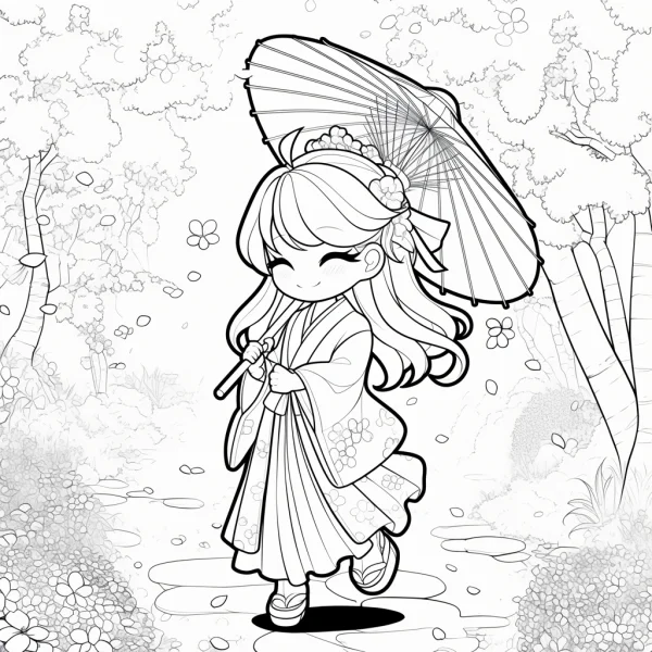 Coloring book page, cute cartoon girl in kimono holding oiled paper umbrella — free printable flower season coloring book page