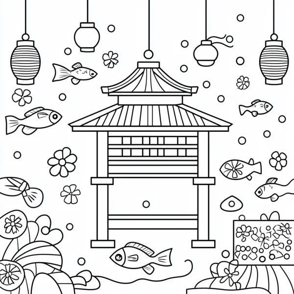 Chinese style hexagonal pavilion with various aquatic fish, traditional chinese hanging lanterns — free printable gardens coloring book page