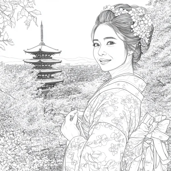 Japanese woman in traditional kimono with floral hair accessories, japanese realistic line art style — free printable scenery coloring book page