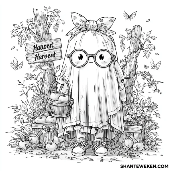 Cute kid dressed as ghost with round glasses and polka dot bow, holding apple basket — free printable parent-child coloring book page