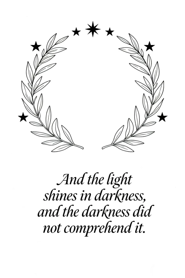Olive branch wreath with stars, minimalist style — free printable peace coloring book page