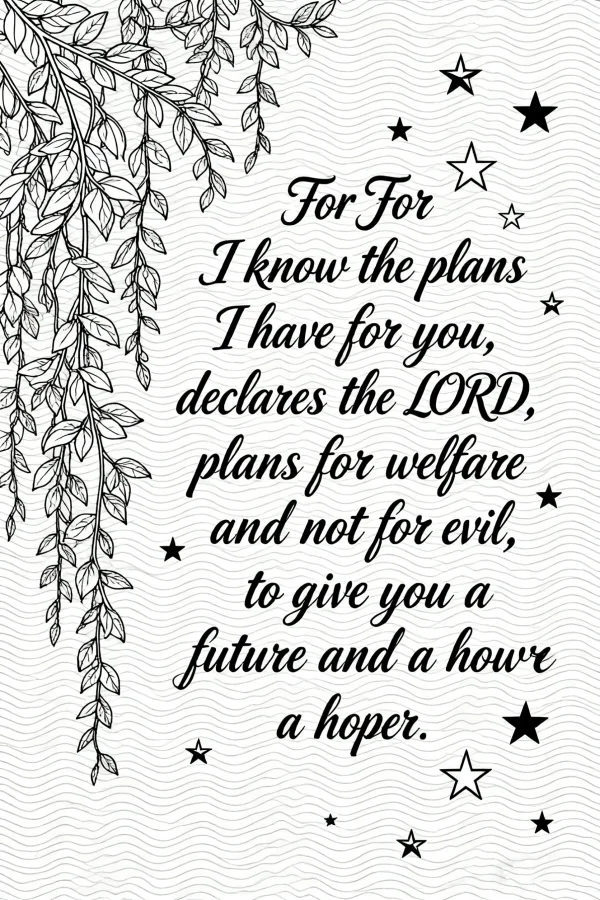 Inspirational bible verse with vine and leaf decorations, hand-drawn decorative style — free printable text decoration coloring book page