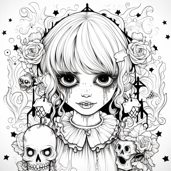 Gothic big-eyed girl with skulls, gothic style — free printable goth culture coloring book page