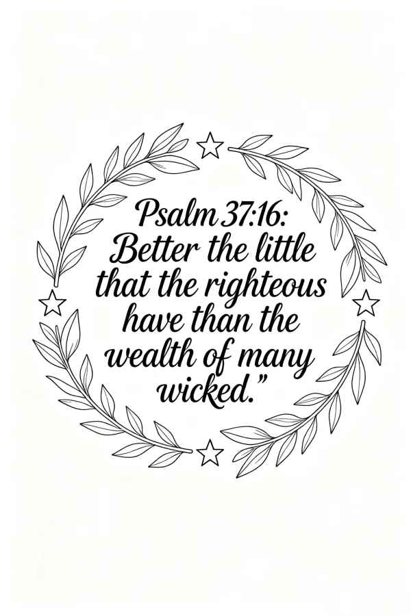 Laurel wreath with psalm 37:16 scripture, minimalist style — free printable religious culture coloring book page
