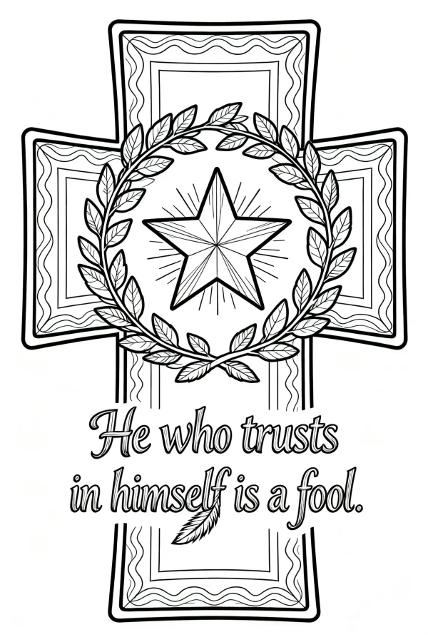 Cross surrounded by laurel wreath with a pentagram in center, religious decorative style — free printable religious culture coloring book page