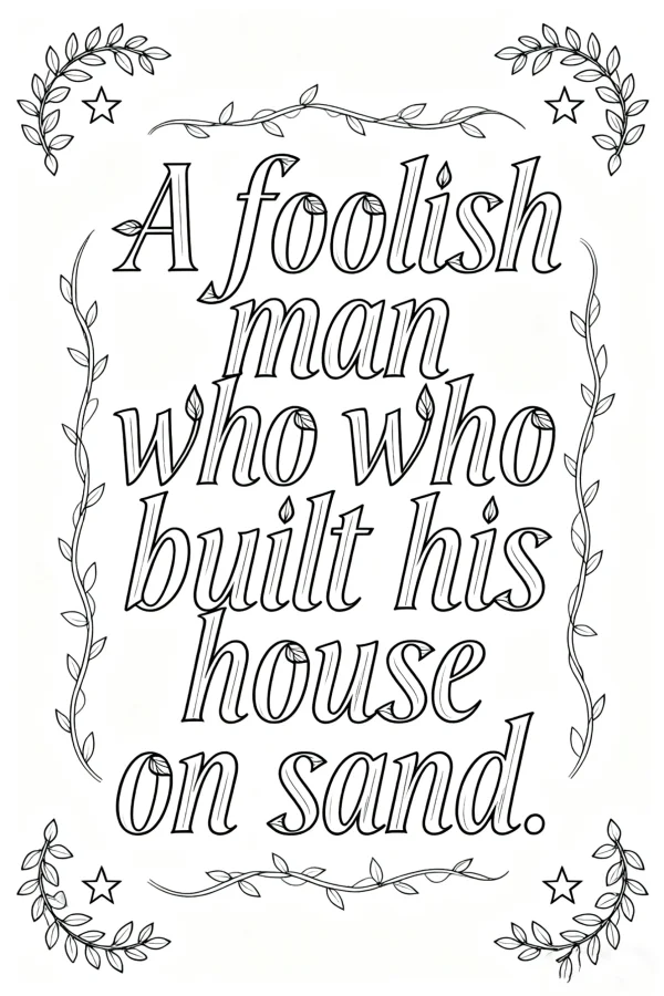 Decorative calligraphy quote 'a foolish man who built his house on sand' surrounded by vine wreath borders and star accents, decorative art style — free printable text decoration coloring book page