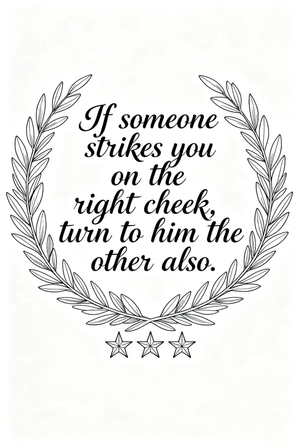 Laurel wreath with inspirational quote "if someone strikes you on the right cheek, turn to him the other also." — free printable peace coloring book page