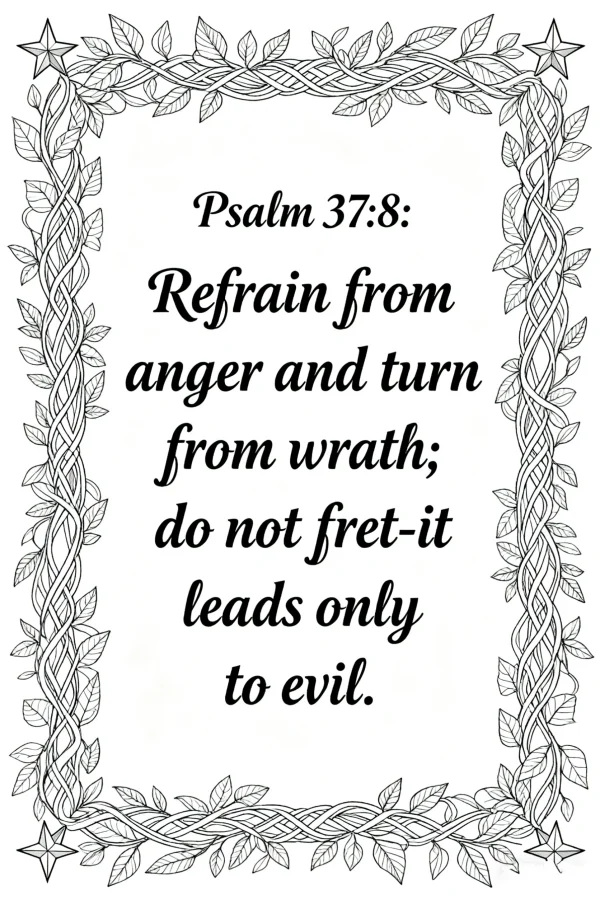 Religious verse psalm 37:8 framed by vine and leaf border, decorative art style — free printable motivational quotes coloring book page