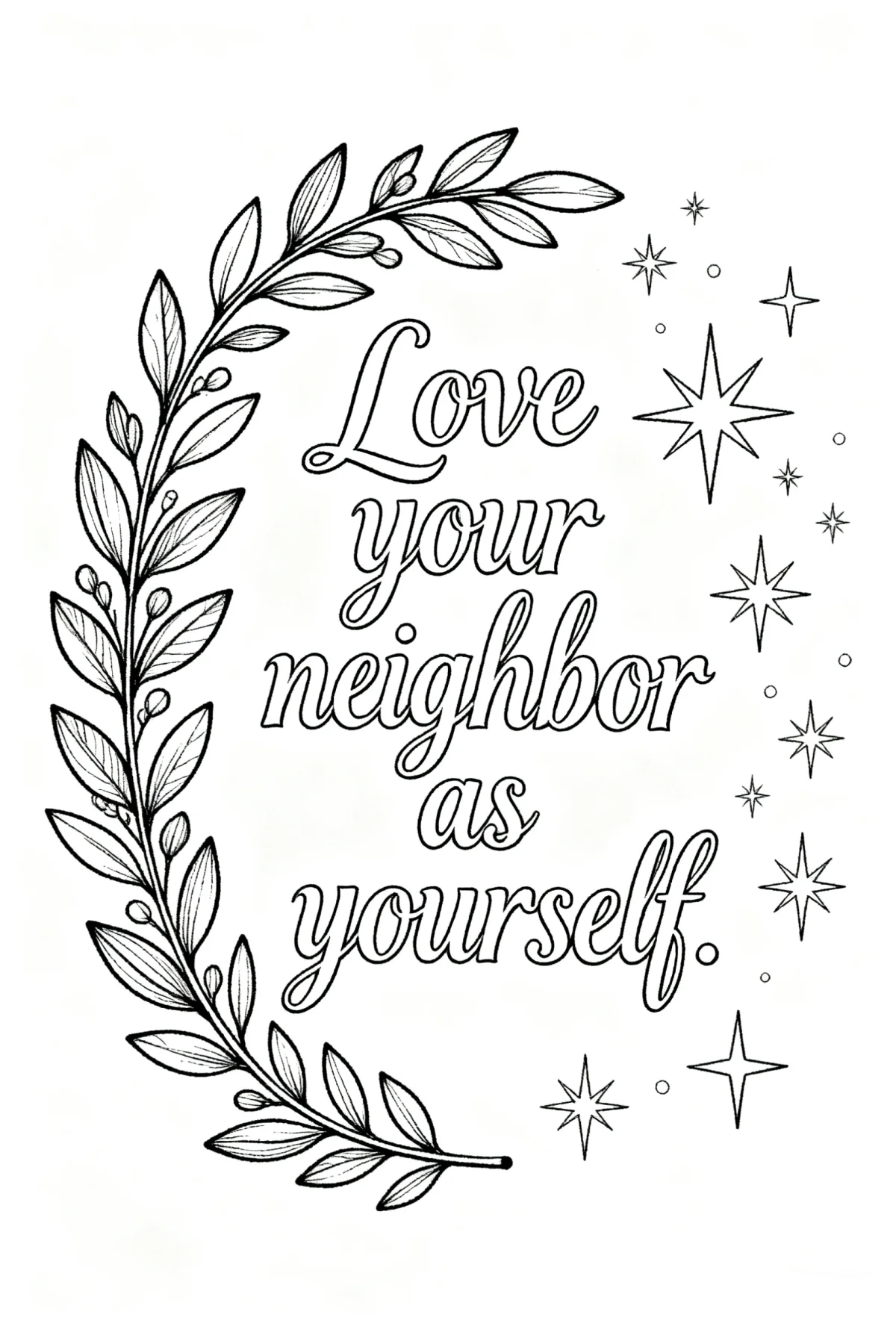 Inspirational quote 'love your neighbor as yourself' decorated with laurel wreath and stars, hand-drawn line art — beginner-friendly — line art coloring page — for kids and adults of all ages