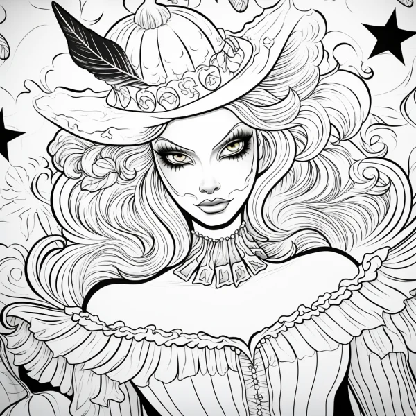 Gothic vintage curly-haired woman with wide-brimmed hat and feather decoration, gothic and retro style — free printable goth culture coloring book page
