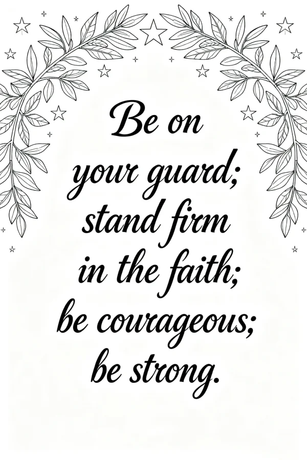 Inspirational quote "be on your guard; stand firm in the faith; be courageous; be strong." surrounded by laurel leaves and small stars, hand-drawn line art — free printable text art coloring book page