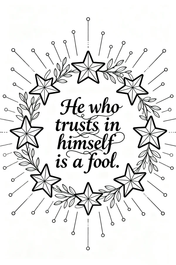 Inspirational quote 'he who trusts in himself is a fool' surrounded by five-pointed stars and leafy vines, decorative art style — free printable text art coloring book page