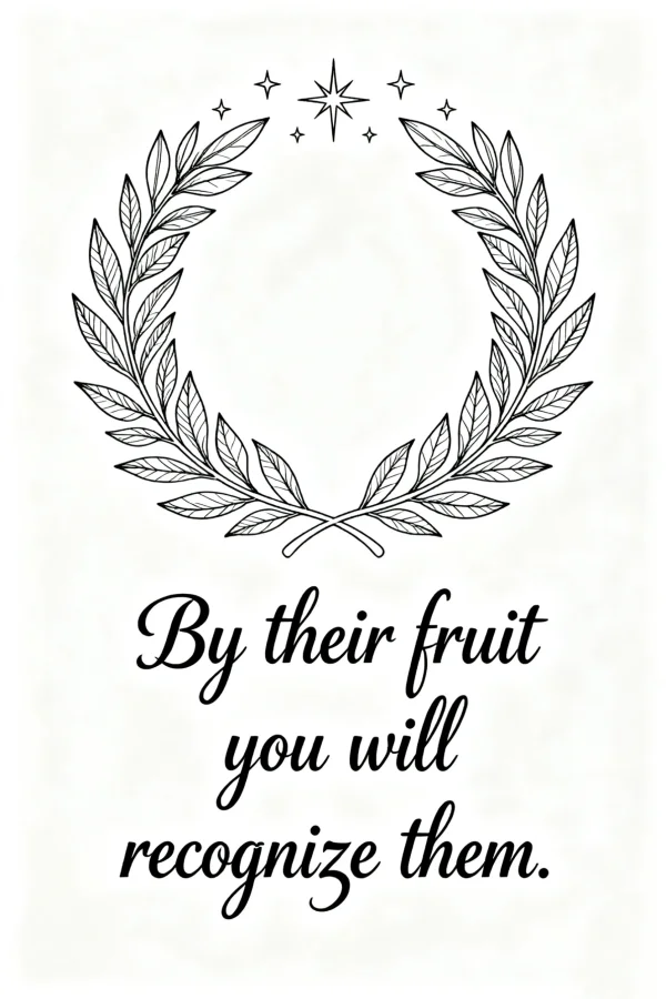 Laurel wreath with inspirational quote 'by their fruit you will recognize them', minimalist style — free printable philosophy coloring book page