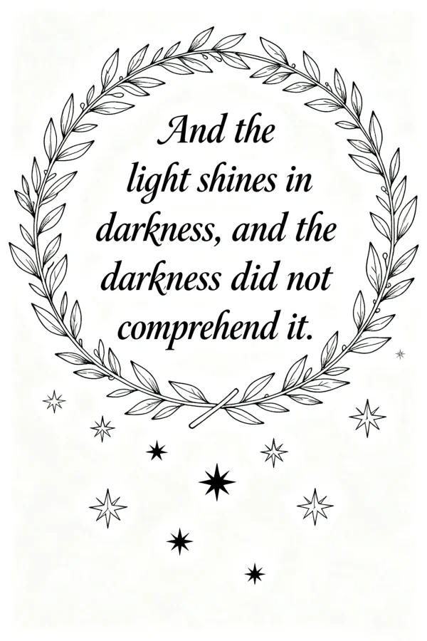 Coloring book page, inspirational text "and the light shines in darkness — free printable text decoration coloring book page