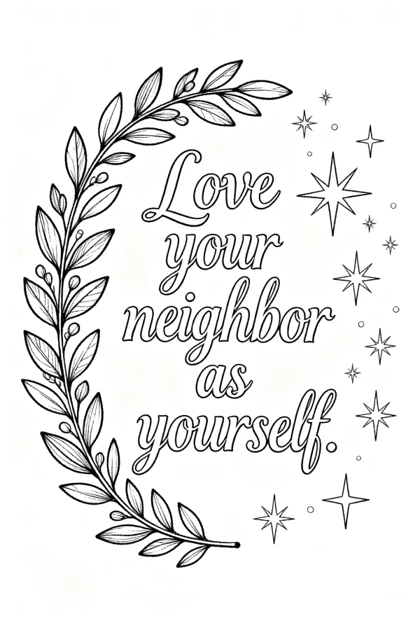 Inspirational text 'love your neighbor as yourself' surrounded by leaf wreath, simple line art style — free printable warmth coloring book page