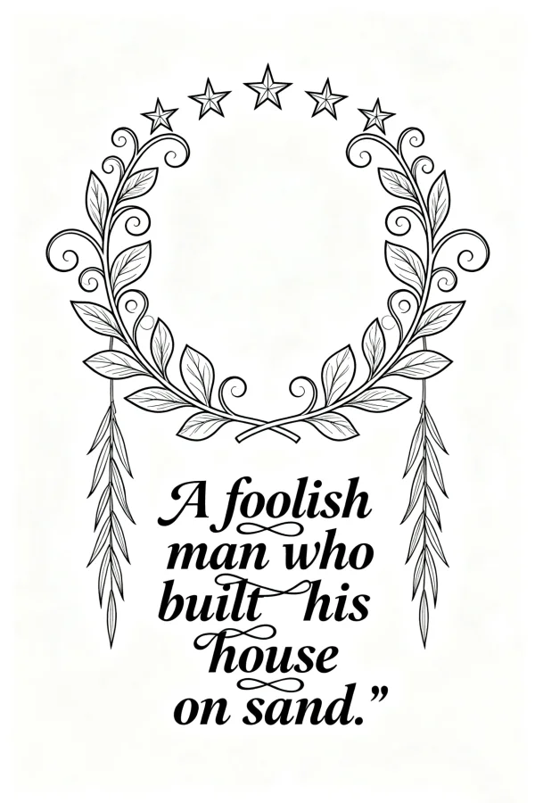 Symmetrical vine wreath with stars and philosophical quote 'a foolish man who built his house on sand.', decorative art style — free printable life philosophy coloring book page