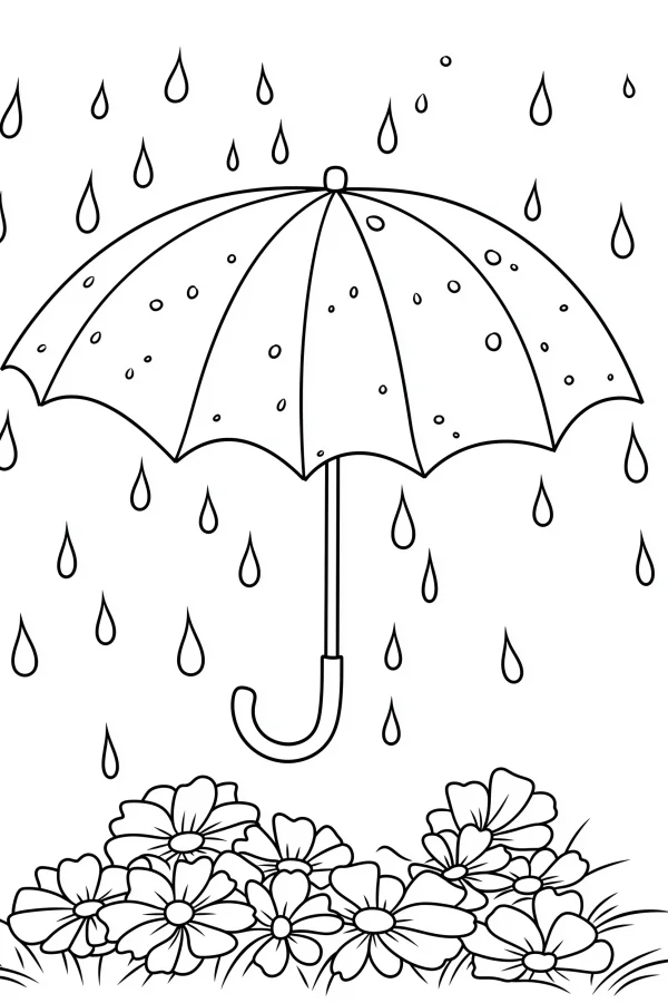 Umbrella with blooming flowers under rain drops, cartoon style — free printable rainy season coloring book page