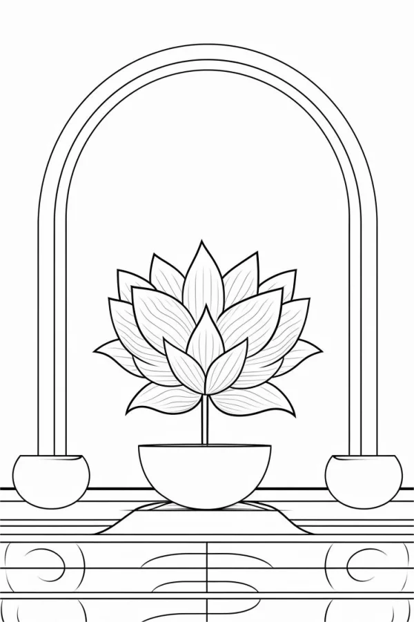 Coloring book page, zen lotus in a bowl placed on an altar with arch structure — free printable zen coloring book page