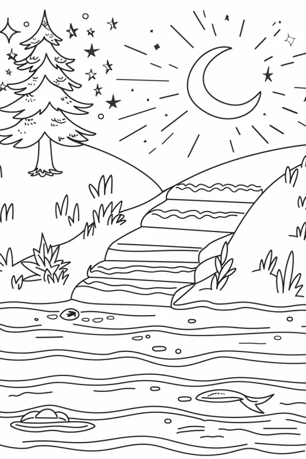 Night riverside landscape with stone steps, pine tree — free printable night coloring book page