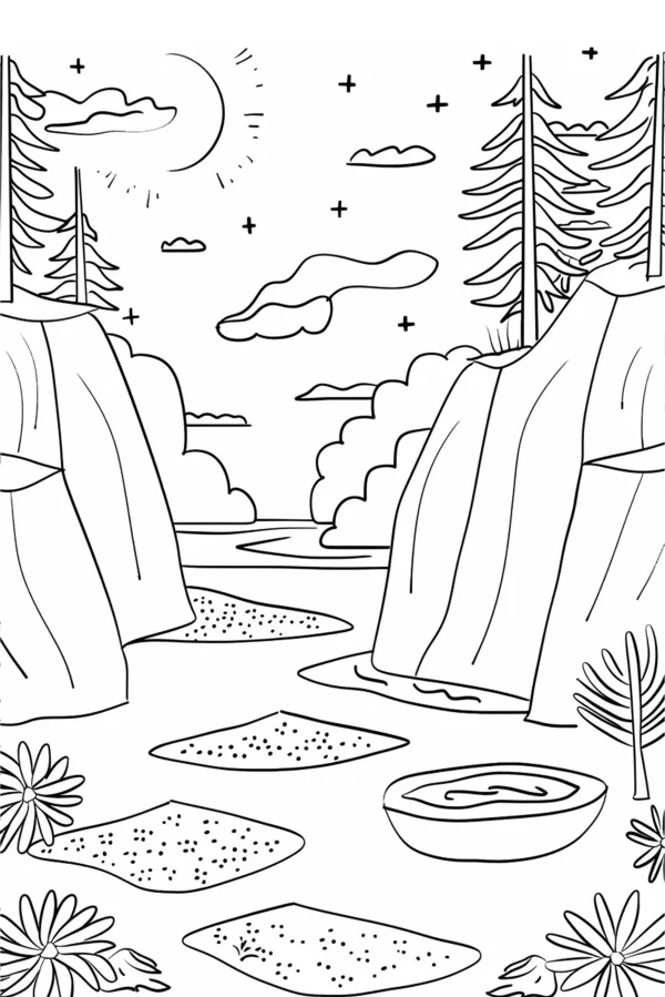 Night forest valley with cliffs, cartoon line art style — free printable night coloring book page