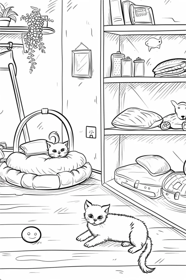 Two cute cats in cozy home interior, cartoon style — free printable family life coloring book page