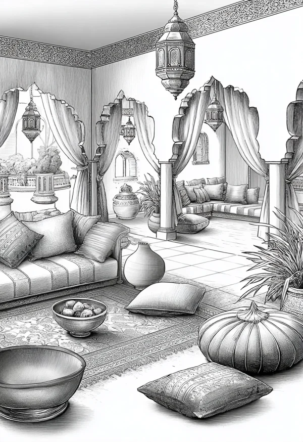 Middle eastern style living room scene, realistic line art — free printable middle east coloring book page
