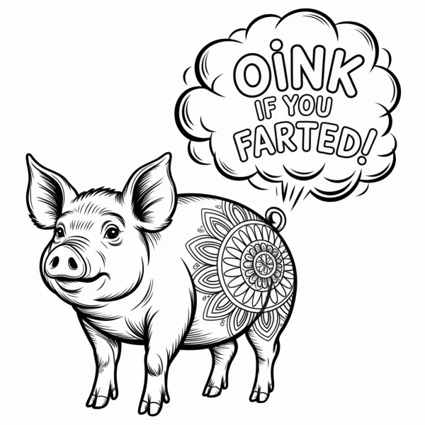 Funny pig with mandala patterns on its body, cartoon style — free printable humor coloring book page