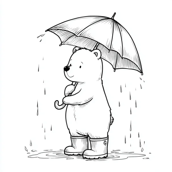 Cute bear holding an umbrella, cartoon style — free printable rainy season coloring book page