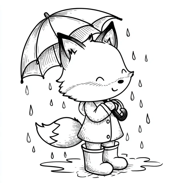 Cartoon fox wearing raincoat and rain boots holding an umbrella, rainy day scene with raindrops and puddles — free printable rainy season coloring book page