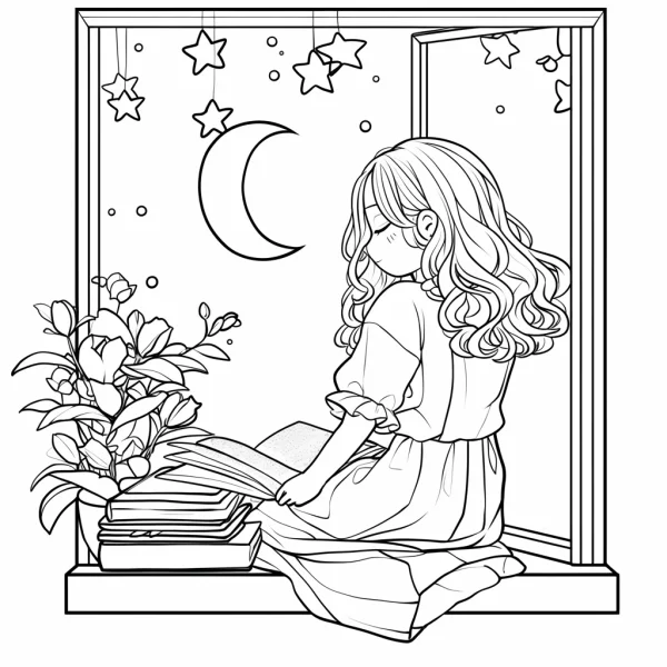Curly-haired girl reading by the window, cartoon style — free printable night coloring book page