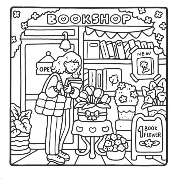 Girl reading book in a cozy bookshop filled with various potted flowers, cartoon style — free printable bookstore coloring book page