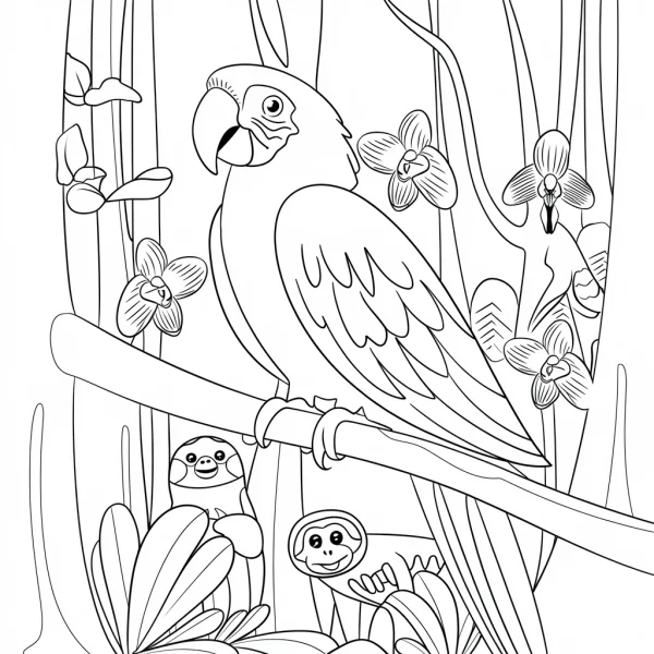 Macaw parrot with monkeys in rainforest, cartoon style — free printable rainforest coloring book page