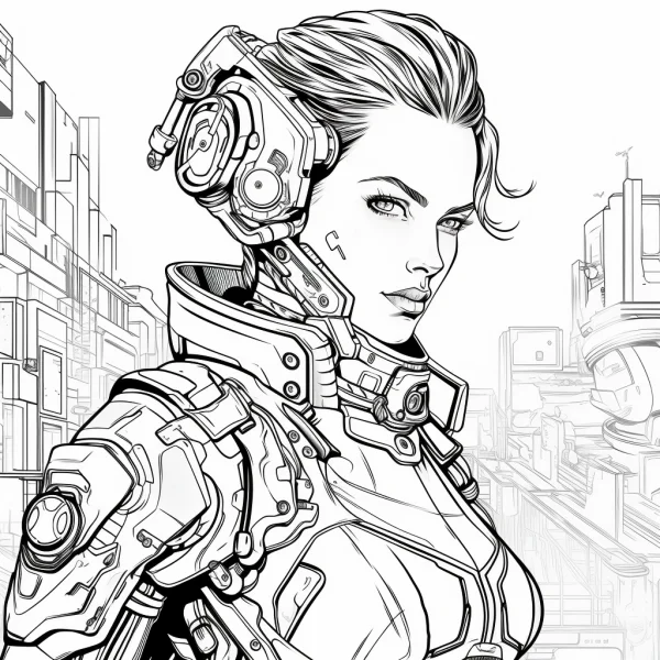 Cyberpunk style female cyborg with mechanical helmet and shoulder armor, futuristic cityscape background — free printable future coloring book page