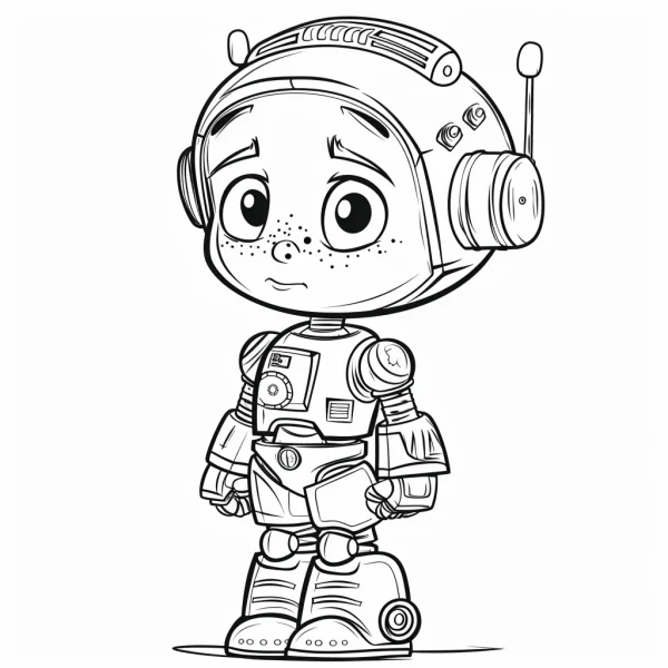 Cute cartoon robot with freckles, chibi style — free printable robot coloring book page