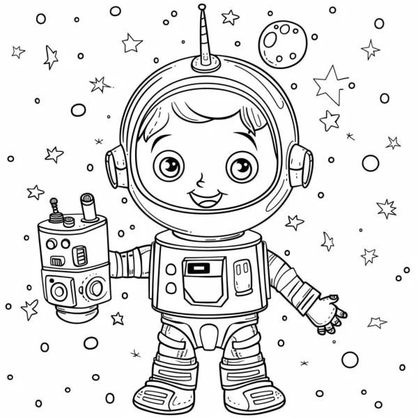 Cute cartoon astronaut in space suit, cartoon style — free printable astronaut coloring book page