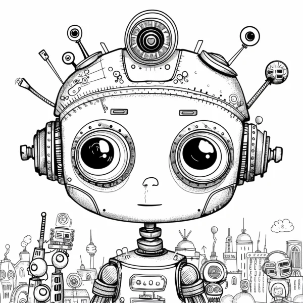 Cute cartoon robot, sci-fi style — free printable robot coloring book page