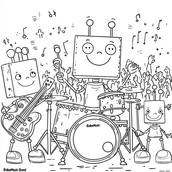 Cartoon robot music band performing on stage, one robot playing electric guitar — free printable robot coloring book page